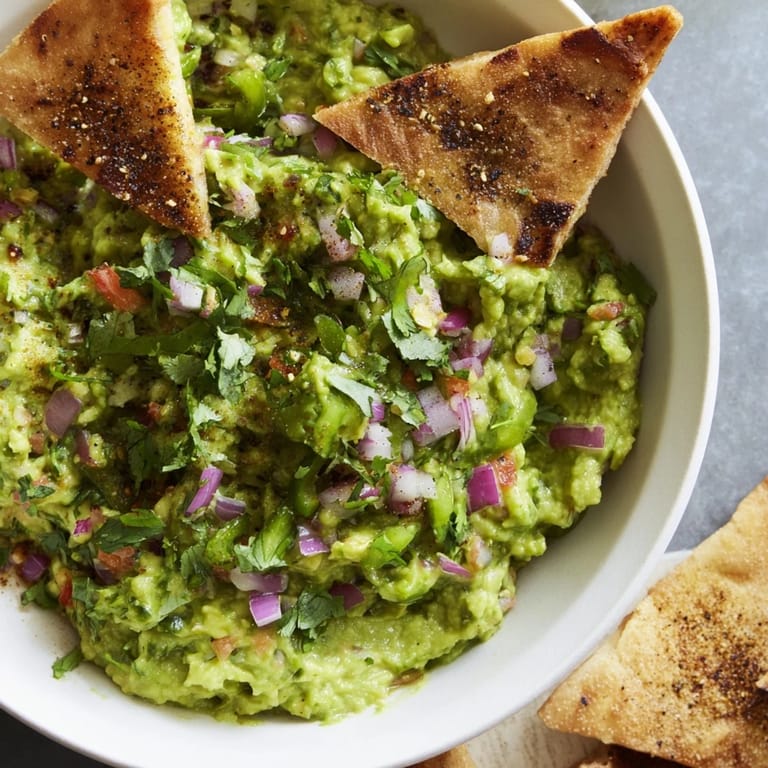 Close-up of a delicious Pita Chips and Guacamole Bowl with fresh cilantro and a hint of spice.