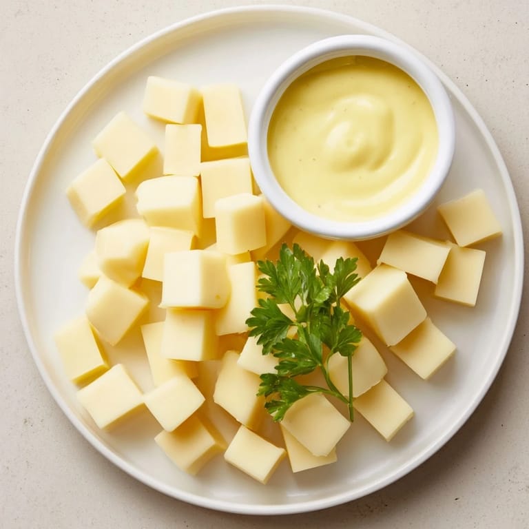 Arrangement of Gouda cubes with the homemade mustard dip bowl, ideal for a sophisticated cheese platter.