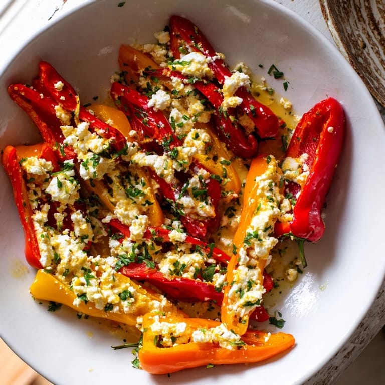 Freshly-drizzled olive oil glistens atop the colorful Mini Bell Pepper Halves with Feta Filling, a Mediterranean delight.