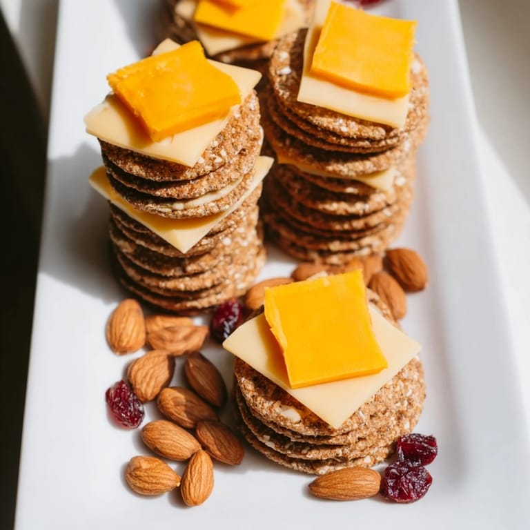 A close-up of the work from home desk treat: easily enjoyed fresh cheese and cracker bites with mix-ins.