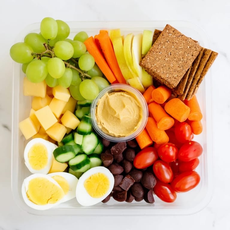 Vibrant photo of a Road Trip Snack Box, featuring a medley of fresh, healthy snacks packed neatly.