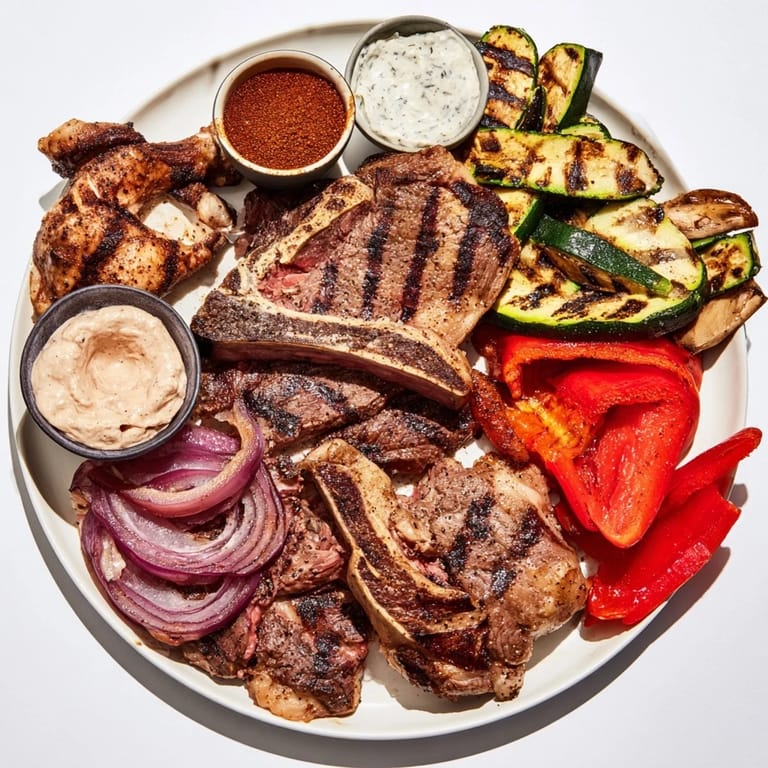 Vibrant image: the Backyard BBQ Companion with sizzling grilled meats, colorful veggies, and bread.