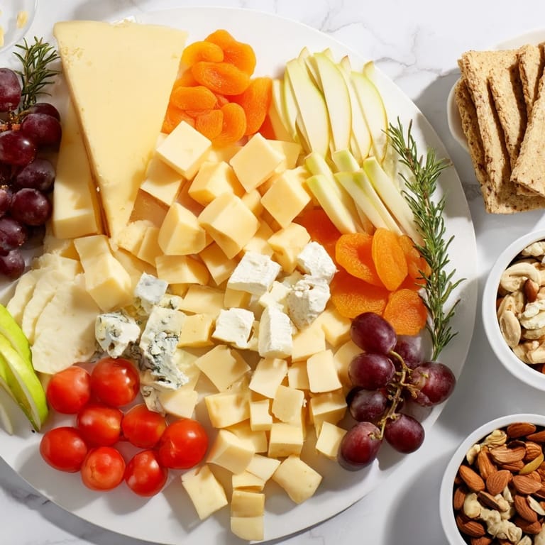 Vibrant housewarming open house spread, showcasing a diverse selection of cheeses, breads, fruits, and nuts for entertaining.