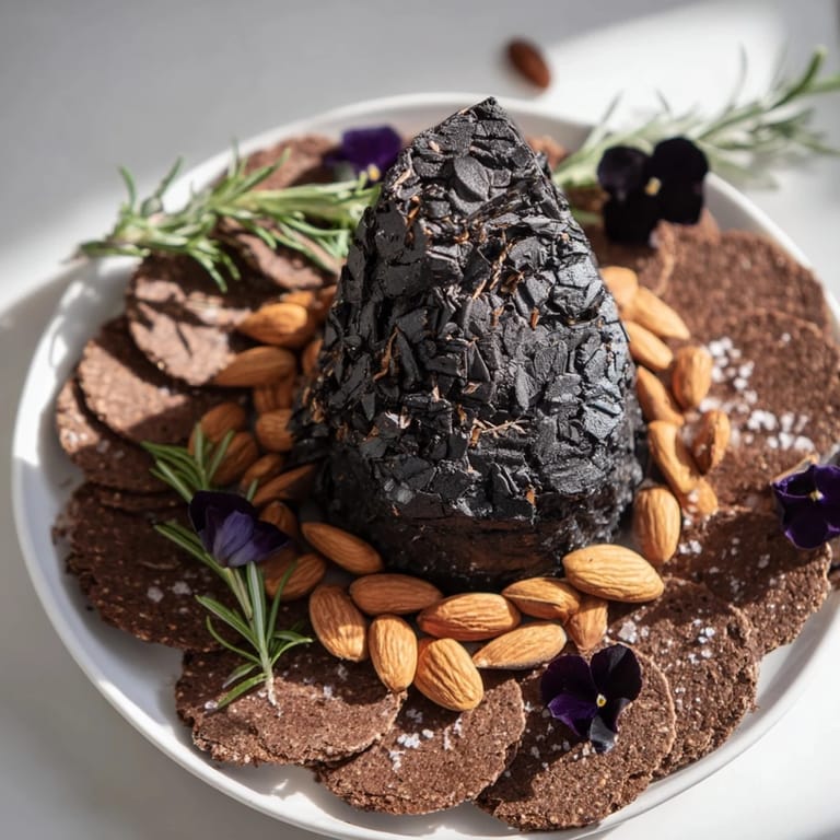 A close-up of The Obsidian Peak, a visually stunning cheese platter appetizer, ready to serve.
