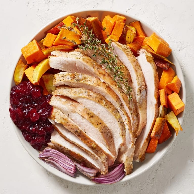 This Harvest Turkey Platter offers a Thanksgiving feast, showing sliced turkey surrounded by colorful autumn vegetables.