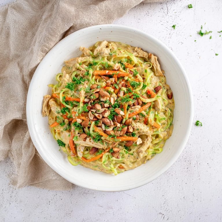 Close-up of delicious Thai-Inspired Peanut Chicken Pasta: noodles, veggies, and shredded chicken coated in sauce.