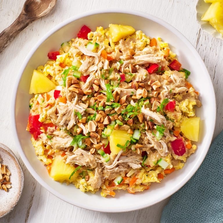 Savory Thai-Inspired Peanut Chicken Pasta, tossed in a creamy peanut sauce and fresh lime, ready to eat.