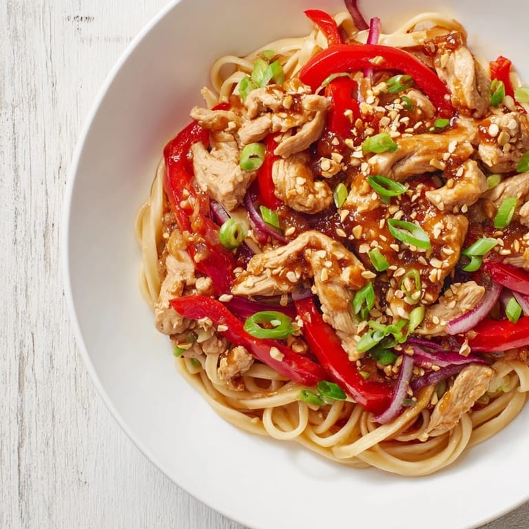 Tender ground chicken and linguine coated in sesame hoisin sauce: the ultimate Sesame Hoisin Pasta.