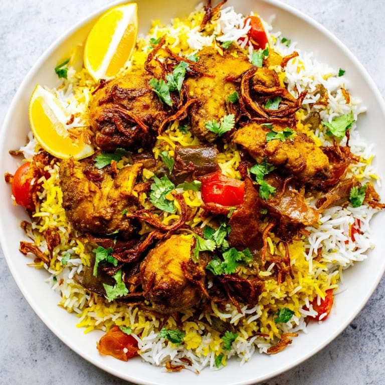 Golden Easy Chicken Biryani with cilantro garnish, inviting you to the flavorful Indian dish.