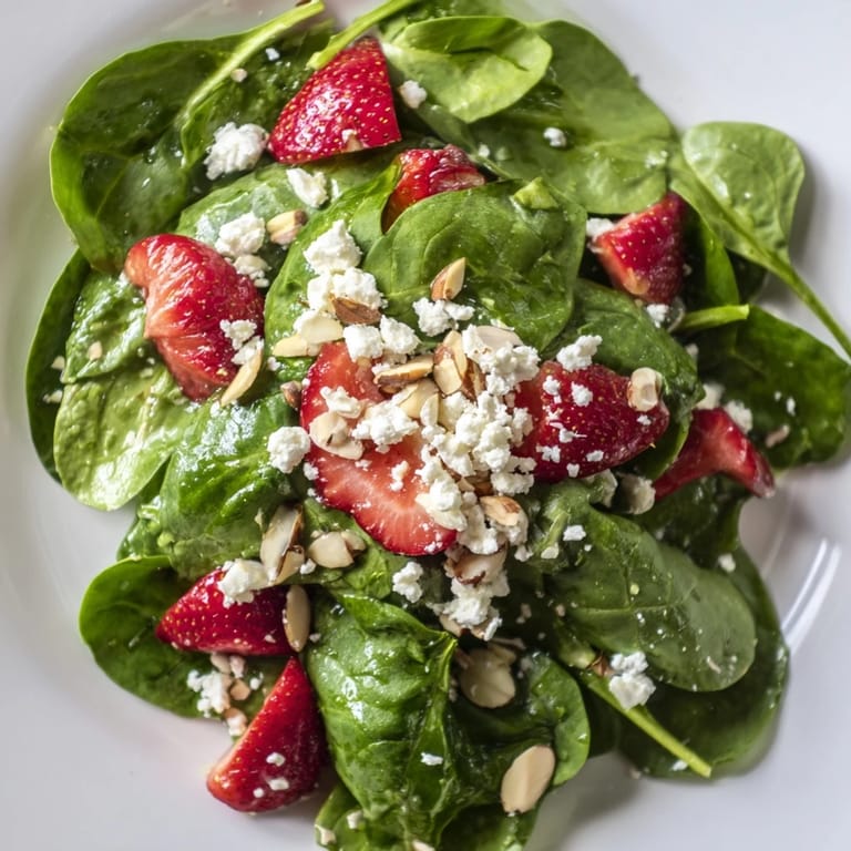 This vibrant Strawberry Spinach Salad features bright red berries, a mix of greens, and toasted nuts, ready to eat.