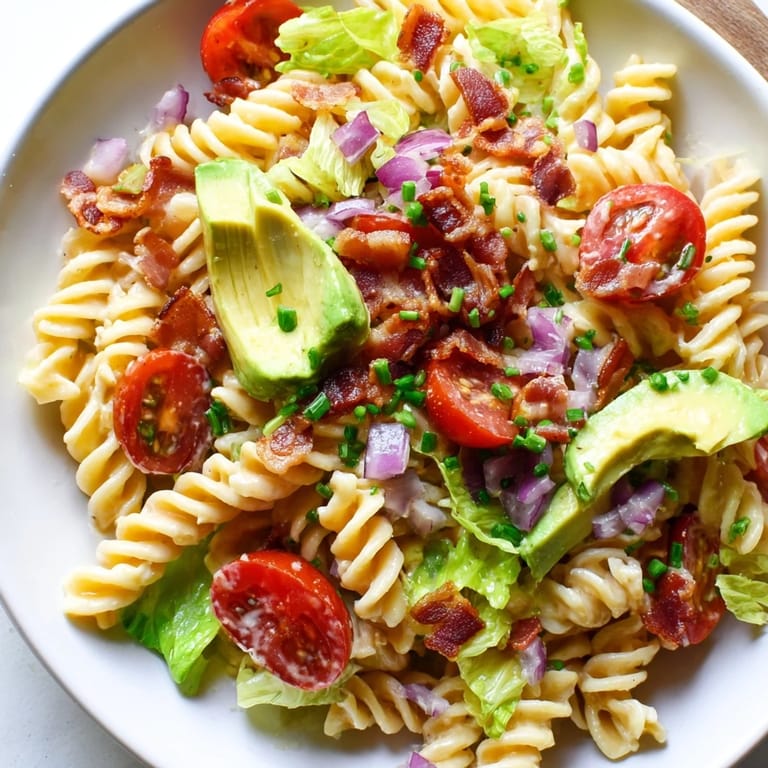 Enjoy this easy BLT Pasta Salad: a bowl brimming with flavorful pasta, bacon bits, and creamy dressing.
