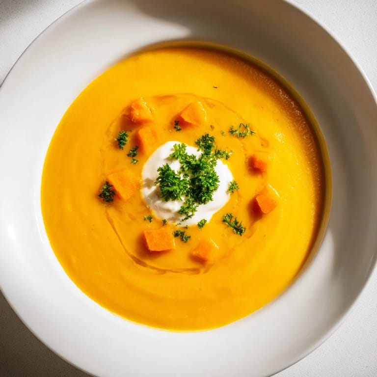 A close-up shot of the velvety smooth Sweet Maple Carrot Soup, perfect for a cozy afternoon.