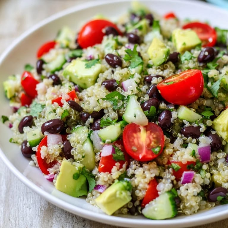 Pile of fluffy quinoa mixed with black beans and cilantro, ready to eat this Quinoa Black Bean Salad.