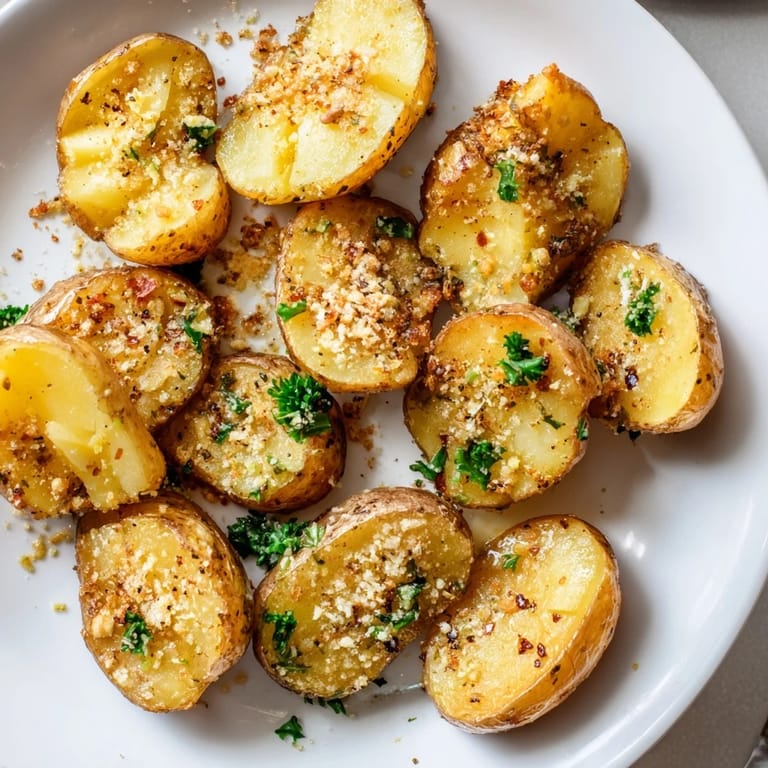 A close-up of oven-baked Garlic Parmesan Potatoes, fragrant with garlic and Italian herbs.