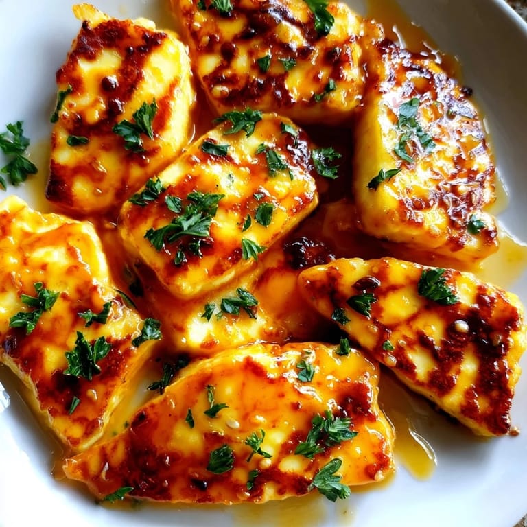 Close-up of golden, pan-fried hot honey halloumi, promising a delicious, cheesy bite.