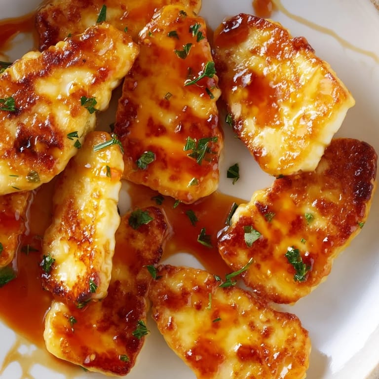 Vibrant plate of fried hot honey halloumi, garnished with parsley, ready for serving.