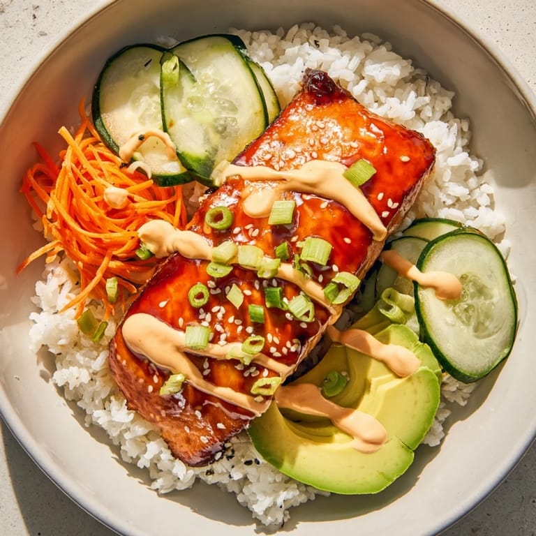 This enticing teriyaki salmon rice bowl, featuring perfectly cooked salmon is ready for your enjoyment.