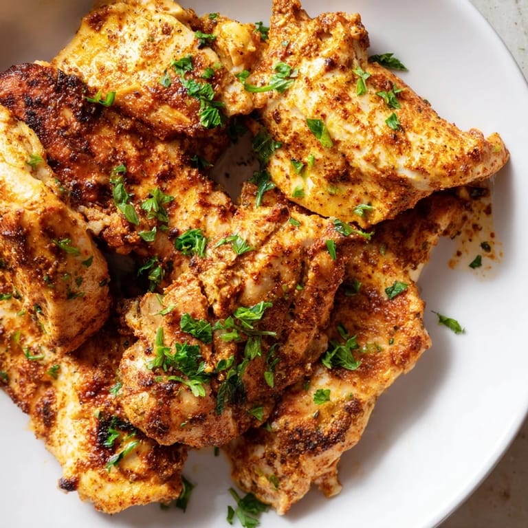 A close-up of juicy Greek yogurt chicken, beautifully plated with fresh parsley and lemon wedges.