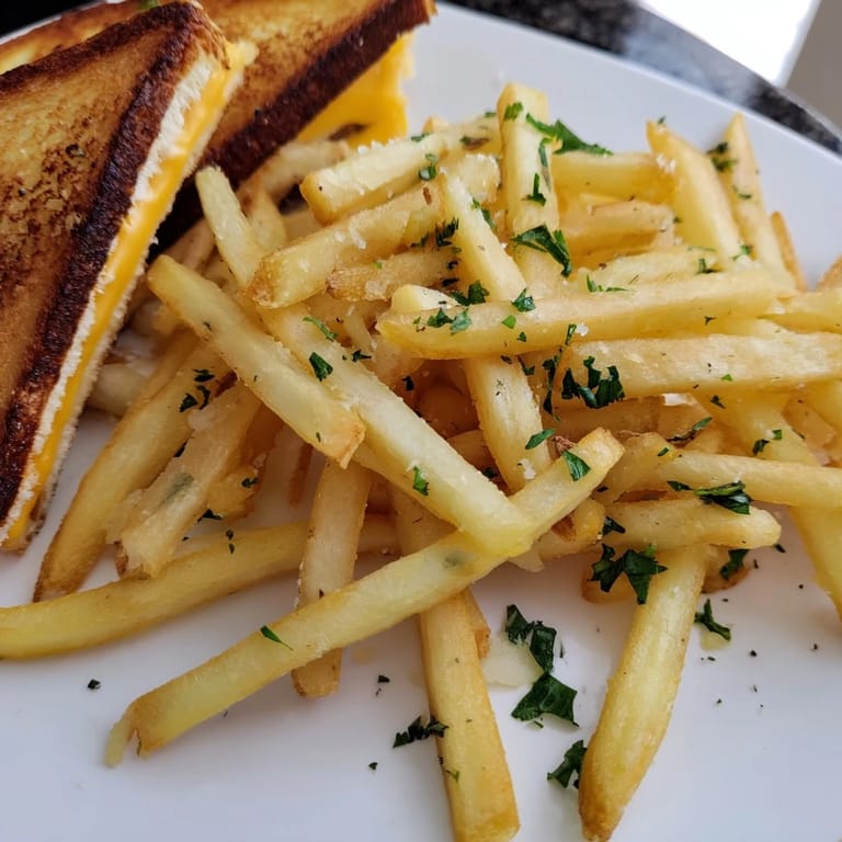 Mouthwatering image of a grilled cheese sandwich and beef tallow French fries, golden and delicious.
