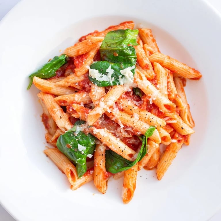 A close-up of steaming Quick Marinara Pasta with Spinach, ready to serve with Parmesan cheese and basil.
