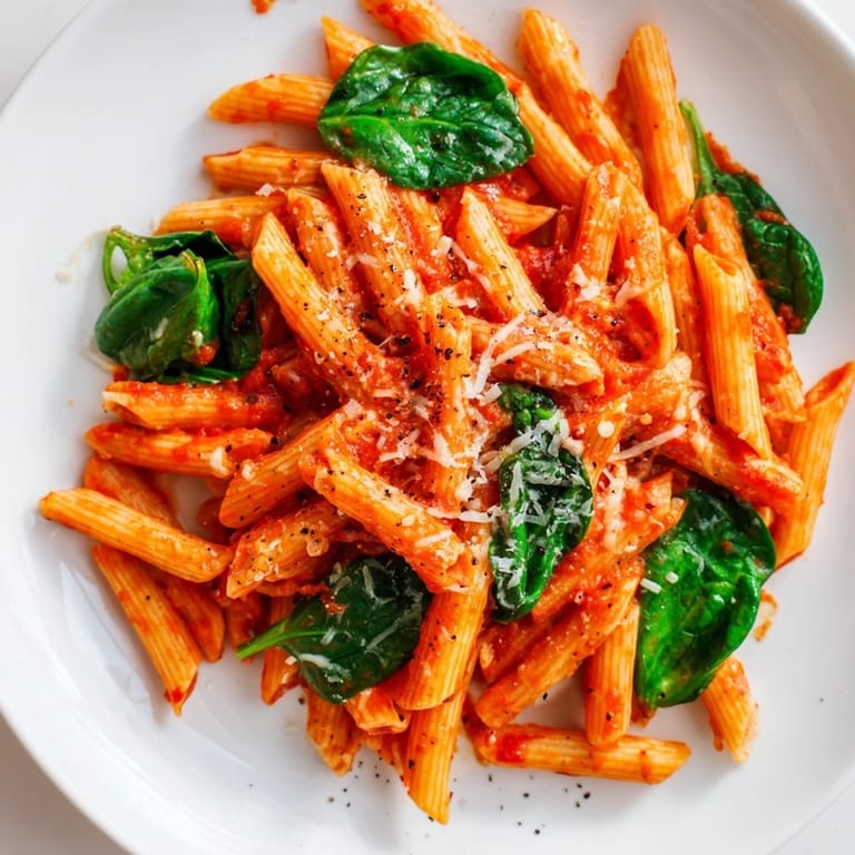 Delicious Quick Marinara Pasta with spinach, perfect for a quick and simple, vegetarian Italian meal.