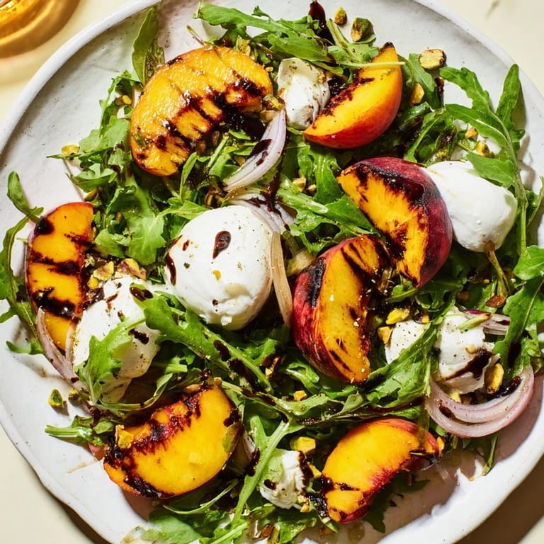 A colorful plate with Grilled Peach Salad: sweet peaches, peppery greens, and a drizzle of balsamic vinegar.
