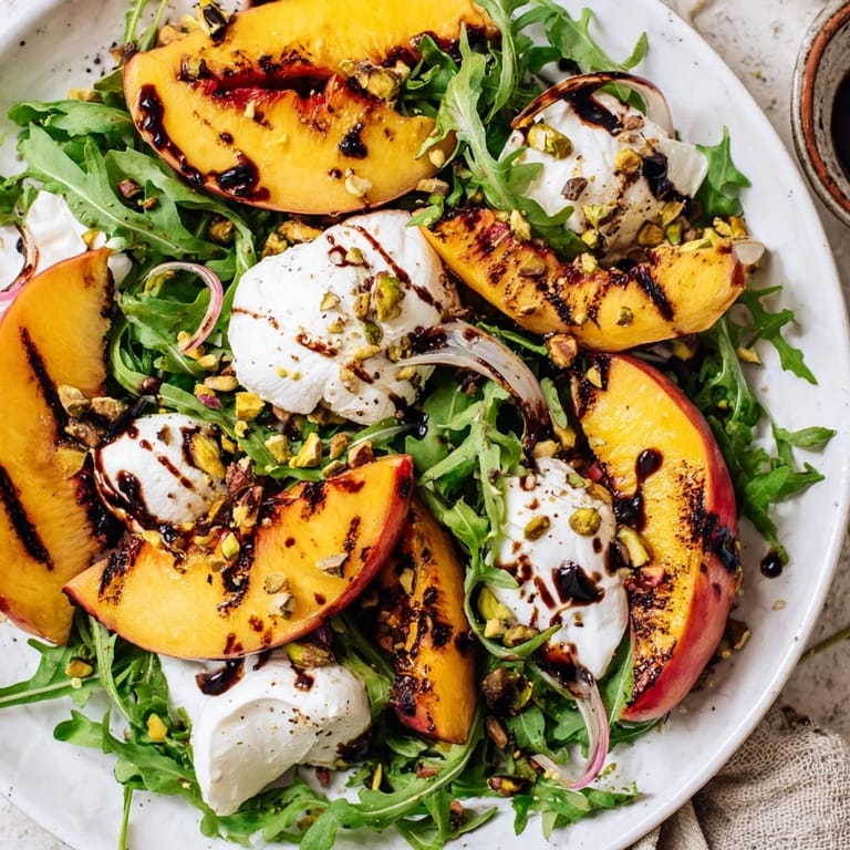 This Grilled Peach Salad features juicy peaches grilled to perfection with fresh arugula and burrata cheese.