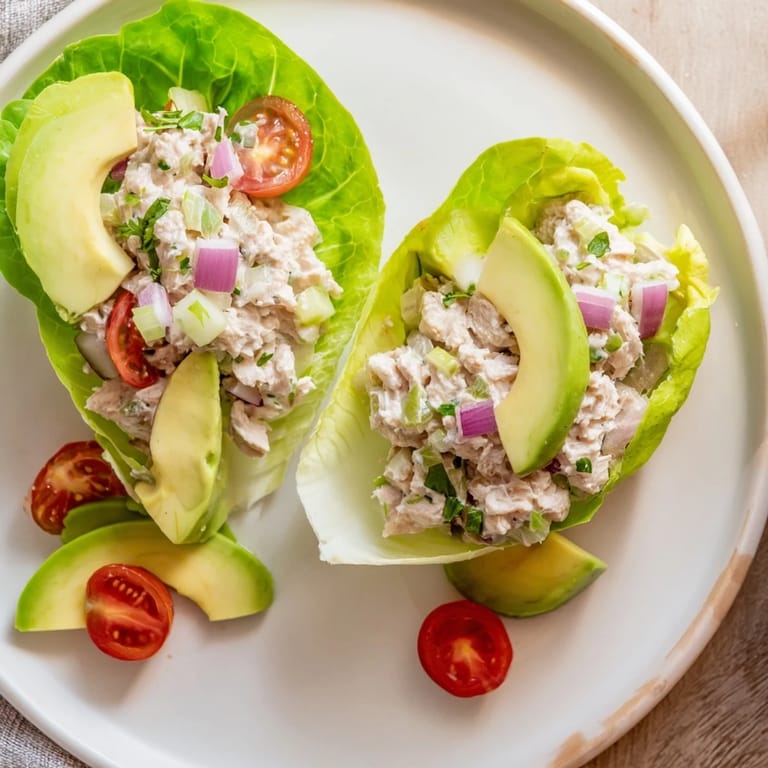 Brightly plated tuna salad lettuce wraps showcase a light, healthy lunch option for everyone.