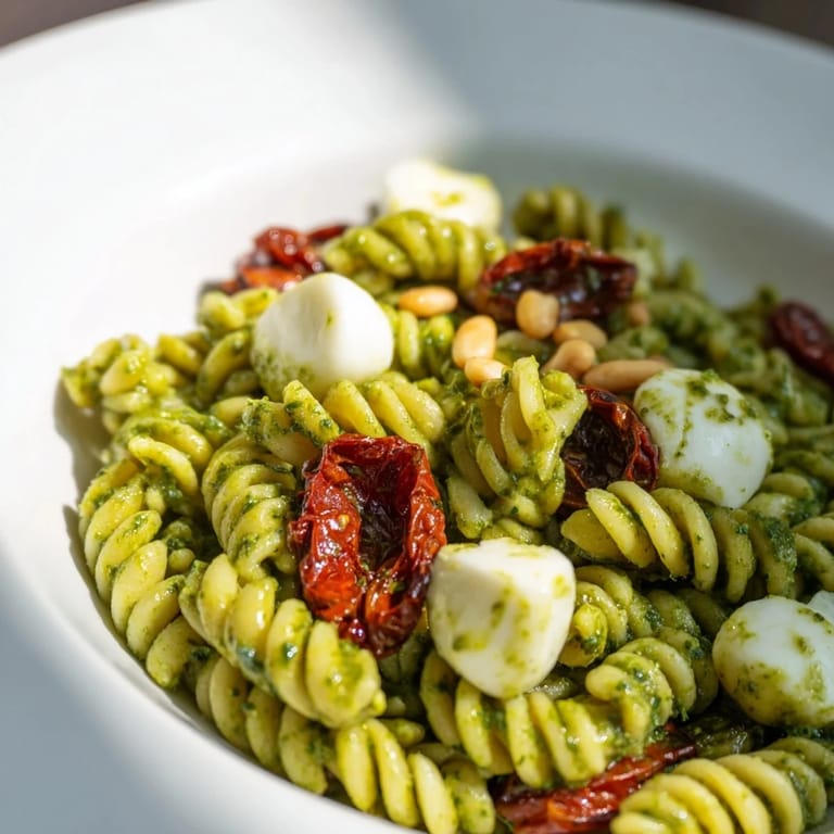 This refreshing Pesto Pasta Salad includes toasted pine nuts, perfect for a summer picnic.