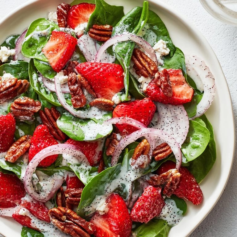 Close-up of a delicious Strawberry Spinach Salad with visible spinach and candied pecan crunch.