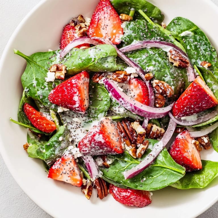 Fresh, colorful Strawberry Spinach Salad with creamy poppy seed dressing, ready to enjoy.
