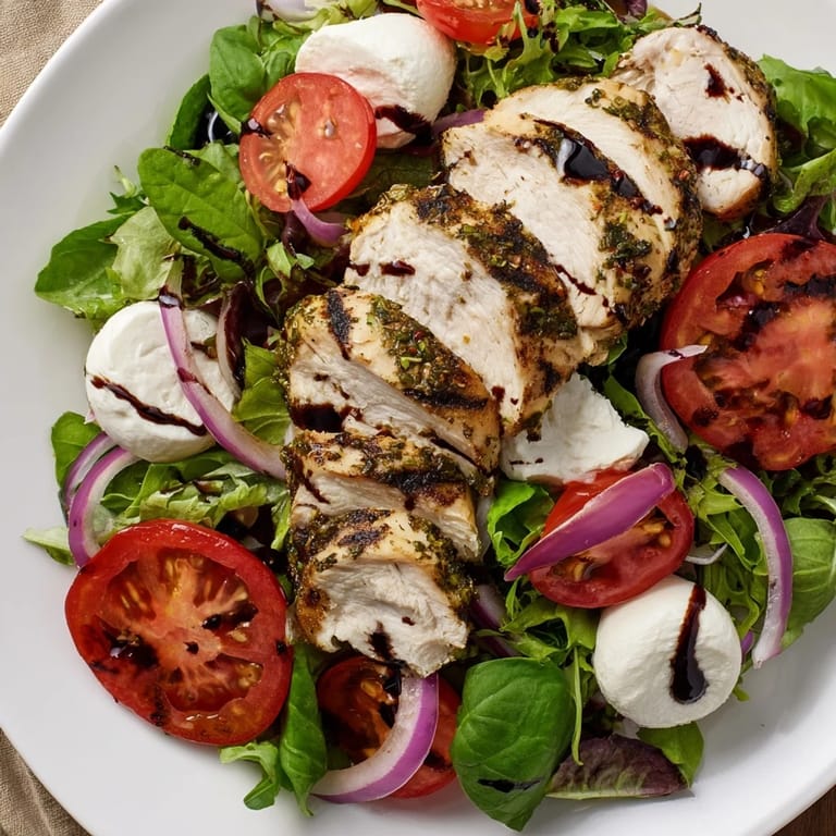 A beautiful Caprese Chicken Salad displays grilled chicken atop fresh ingredients and a balsamic drizzle.