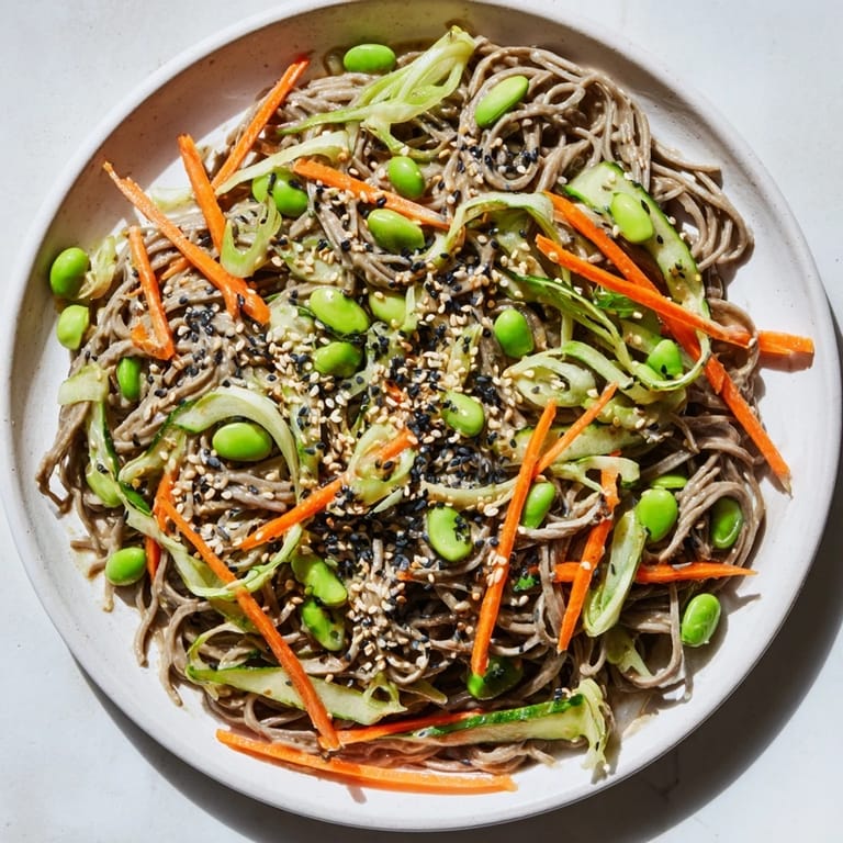 Creamy sesame dressing coats these Asian Sesame Noodle Salad ingredients, a colorful vegetarian delight ready to serve.