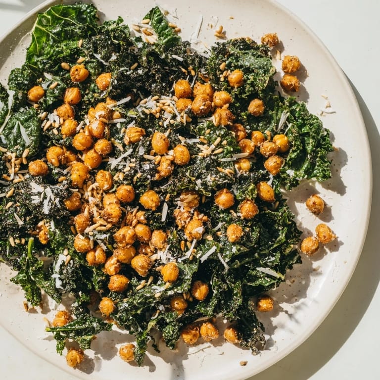 Tender kale tossed in dressing, topped with crunchy, warm chickpeas in delicious Warm Kale Salad.