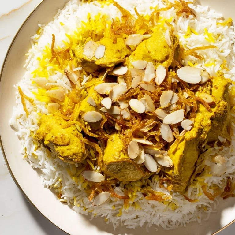 A close-up view displays a steaming bowl of Kuwaiti Biryani, offering layers of spice and aroma.