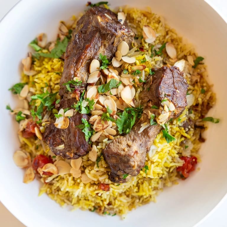 Fragrant Qatari Majboos, with tender lamb nestled atop fluffy basmati rice, a Middle Eastern delight.