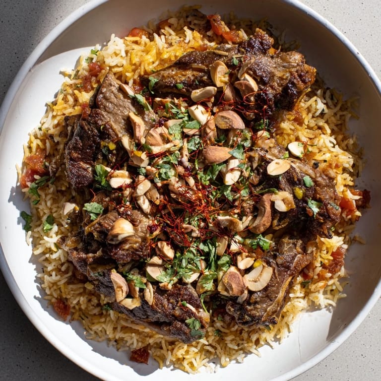 Bright photo of Qatari Majboos: savory lamb and spiced rice, perfect for a family dinner.