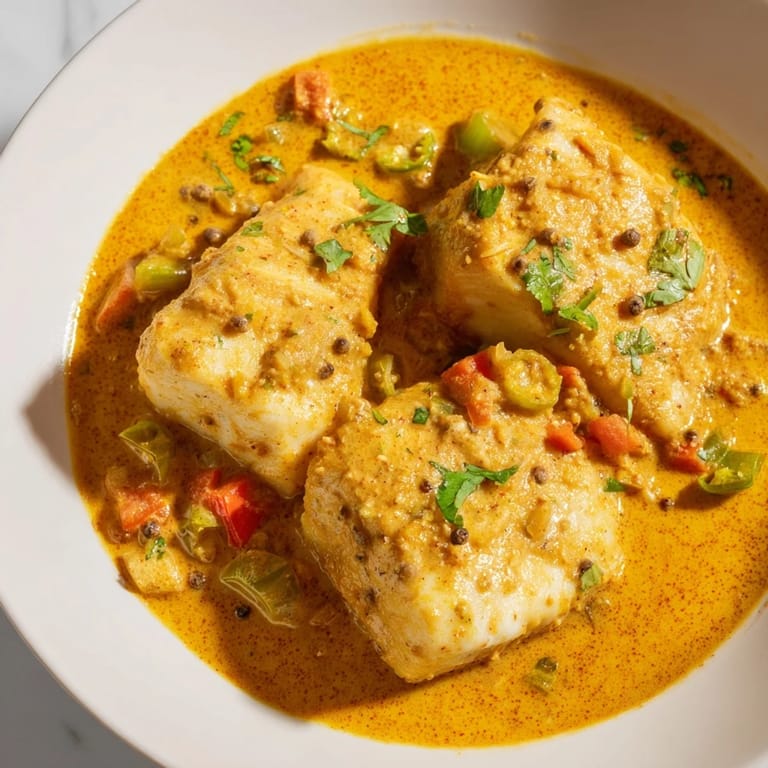 Steaming hot Bahraini Fish Curry, garnished with fresh cilantro, ready to be served over rice.