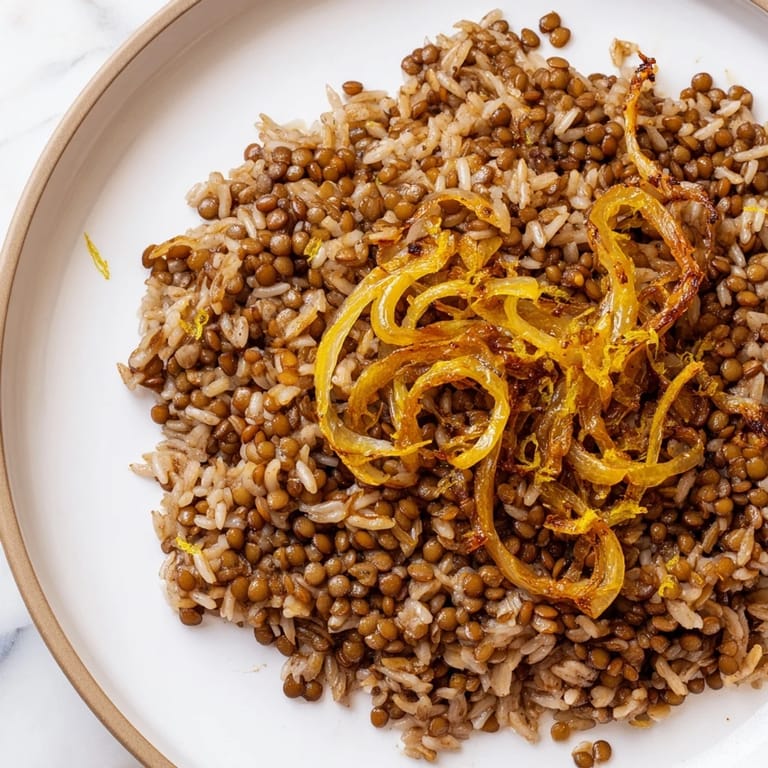 A close-up shot of steaming Lebanese Mjadra; lentils, rice, with spice aromas and rich caramelized onions.