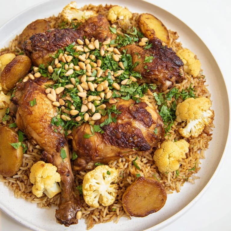 Golden-brown chicken and vegetables beautifully layered within this Palestinian Maklouba recipe, ready to serve.