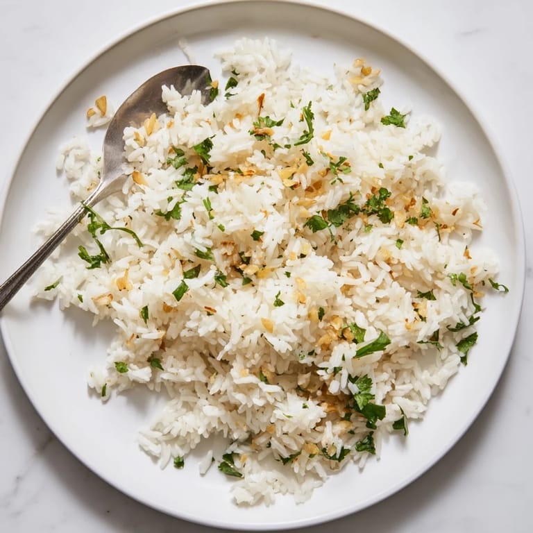 Delicate jasmine rice garlic cooked with aromatic garlic oil, perfect alongside stir-fries or grilled tofu, with soft, fragrant grains.