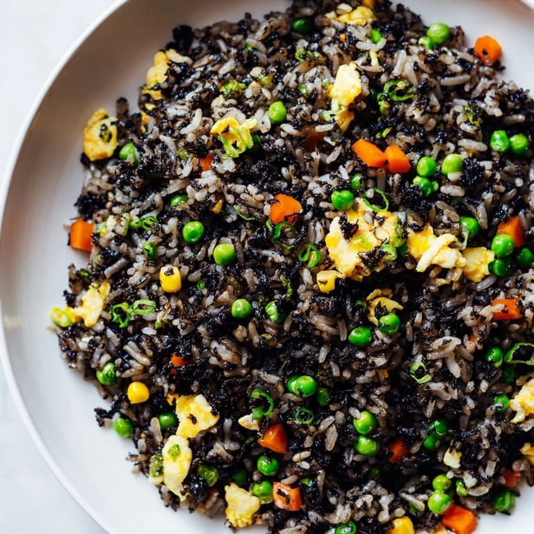 Black Garlic Fried Rice features glistening jasmine rice stir-fried with tender mixed vegetables and savory umami sauces.  