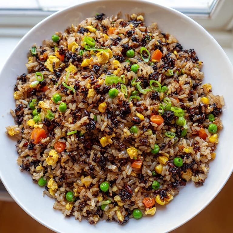 This aromatic Black Garlic Fried Rice recipe includes golden scrambled eggs and a side of pickled vegetables for serving.