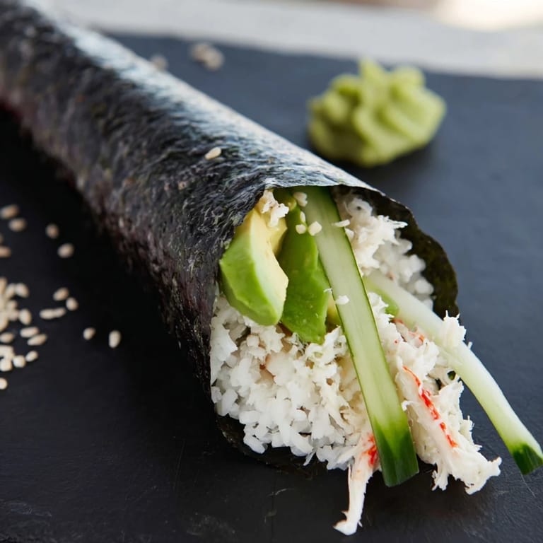 Freshly rolled nori cones filled with seasoned sushi rice, avocado, and crab, ready to serve.