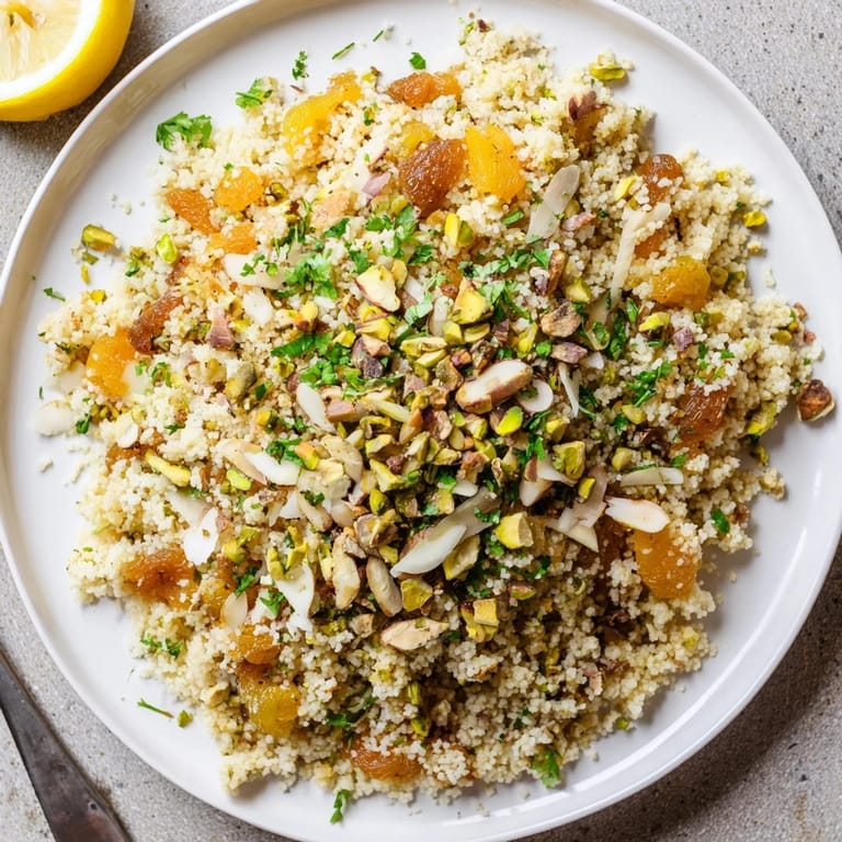 Warm Couscous Pilaf Spiced with fragrant herbs and vibrant dried fruit, served in a rustic dish ready for a family dinner.