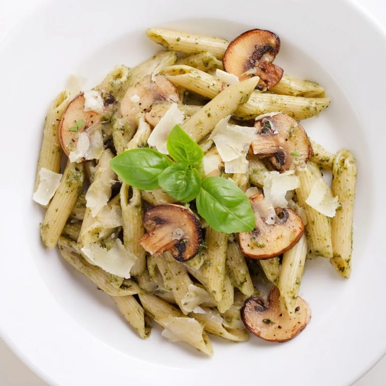 Close-up of sautéed mushrooms tossed in a rich, creamy pesto sauce with penne pasta, ready to serve.