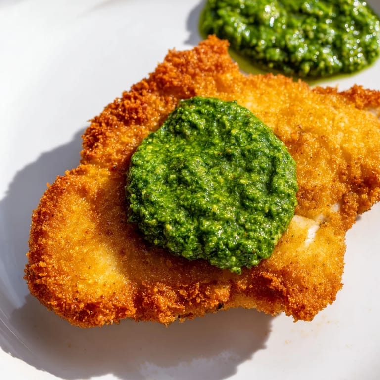 A close-up of golden-brown crispy pesto chicken cutlets, ready for a weeknight dinner.