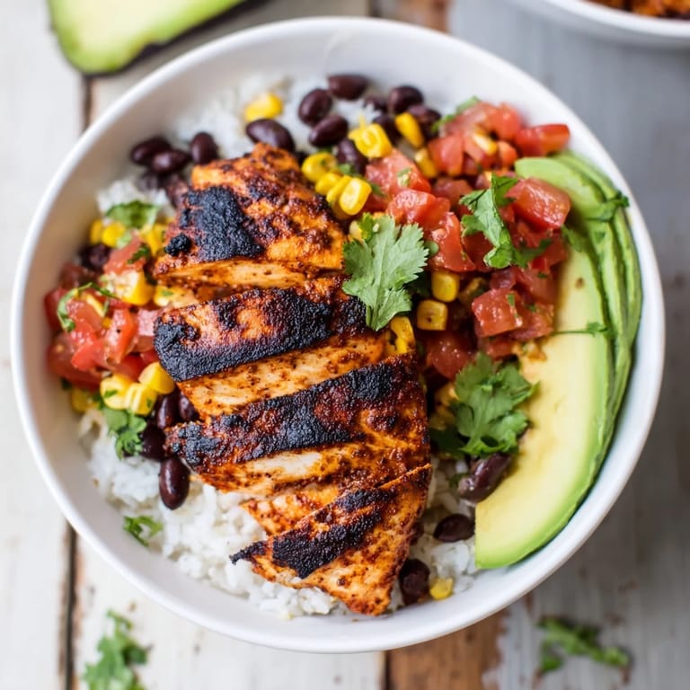 A delicious Spicy Chicken Burrito Bowl featuring charred chicken, guacamole slices, and fresh cilantro garnish on a colorful base.