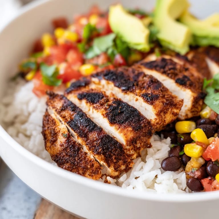 Close-up of a hearty Spicy Chicken Burrito Bowl, revealing juicy chicken slices, seasoned rice, and zesty salsa toppings.