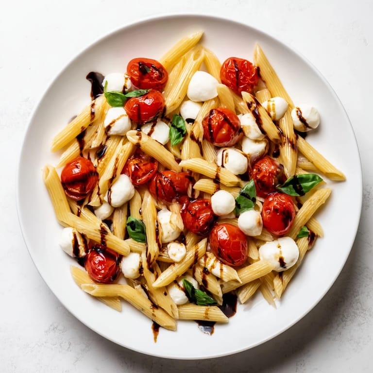 Golden olive oil coats fusilli pasta, glistening beside juicy tomato halves and soft mozzarella pearls in this fresh Caprese Salad Pasta.
